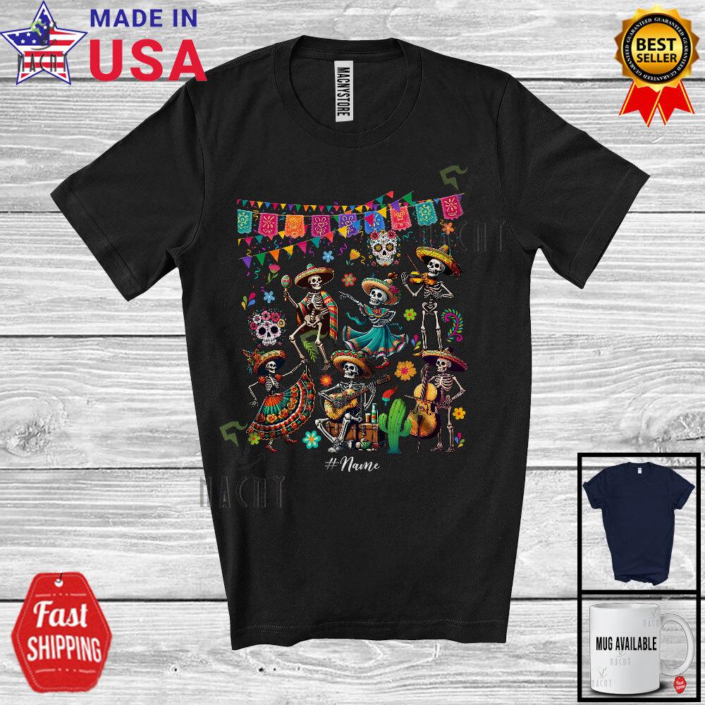 Dancing Skeletons; Joyful Dia De Los Muertos Skull; Custom Name Mexican T-Shirt S
