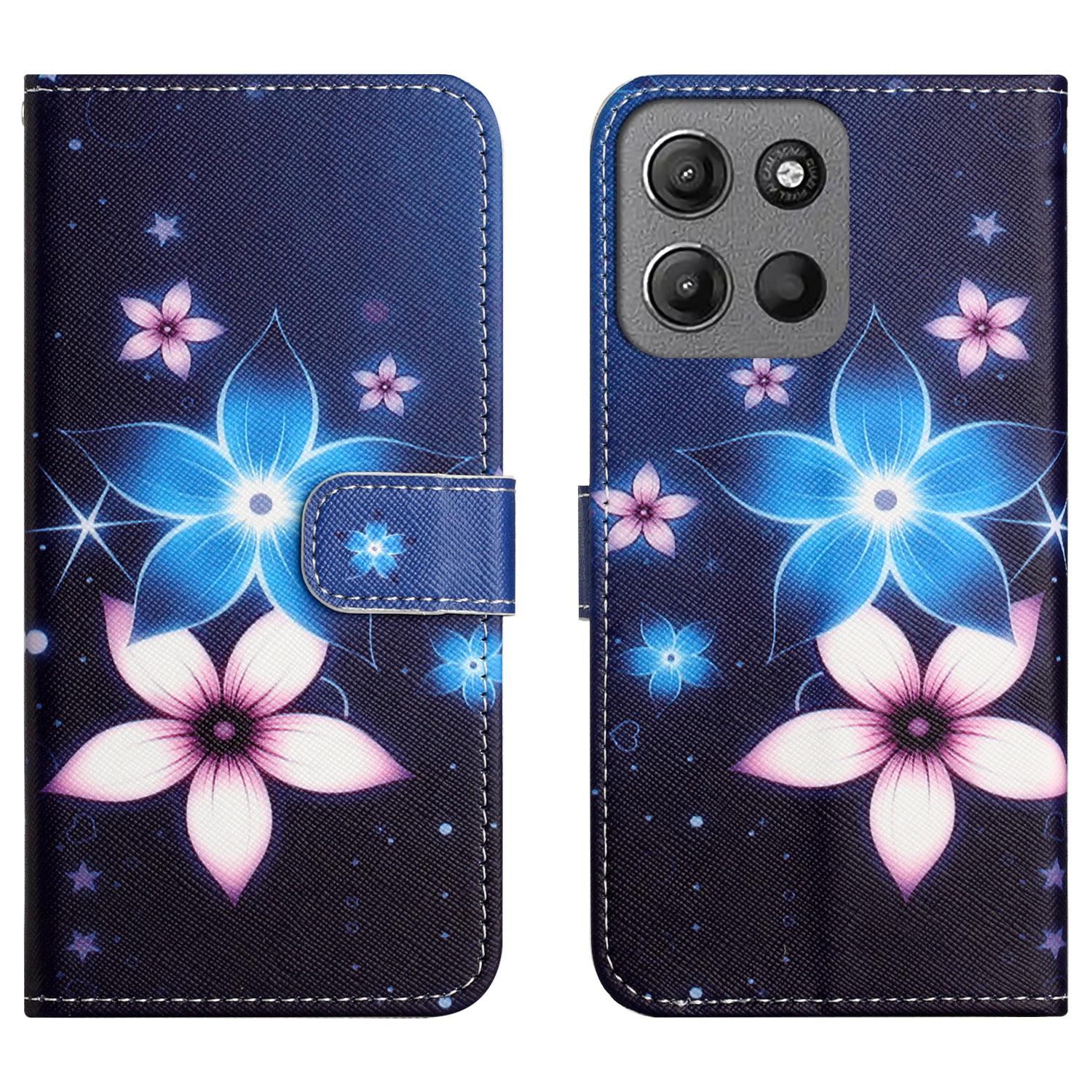 

Wallet Case for Motorola Moto G56 5G/G66j 5G/G66y 5G Pattern Print PU Leather Phone Cover Cross Texture Blue Flower