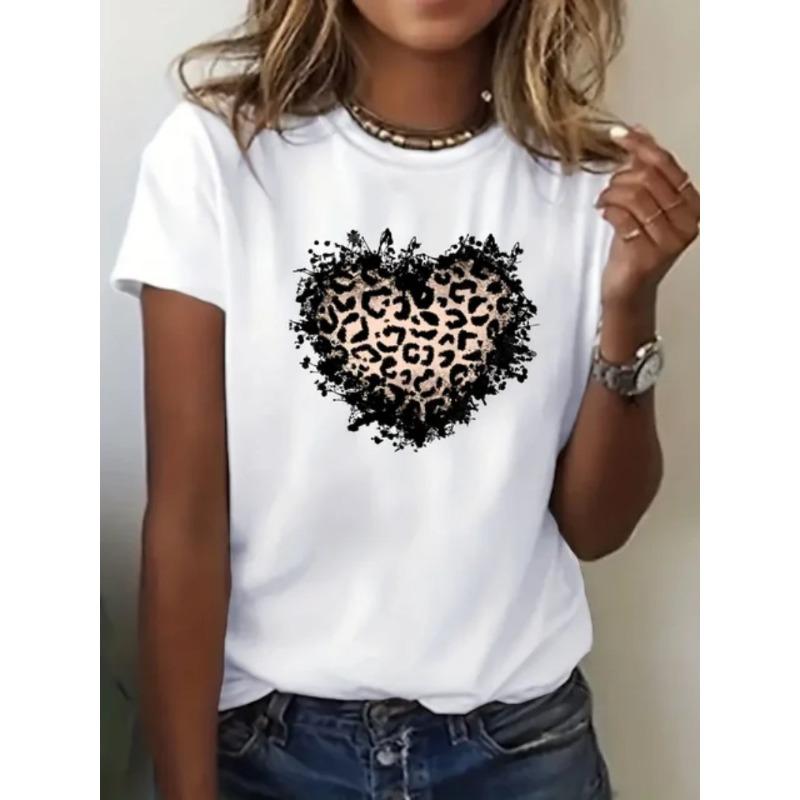 

Summer Casual Women s 3D Leopard Print Heart Printed T-shirt Women s Short Sleeved Top City Street Fashion Women s T-shirt 6XL