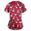 Women Short Sleeve V Neck Christmas Cartoon Pattern Tops Pocket Working T-shirts Non-positioning Print