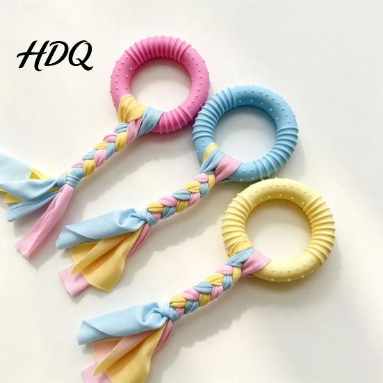 Physical Exercise Toys for Dogs Dog Tug-of-War Toy Rubber Ring with Braided Cloth Strips Interactive Teeth Cleaning Chew Toy Small to Medium