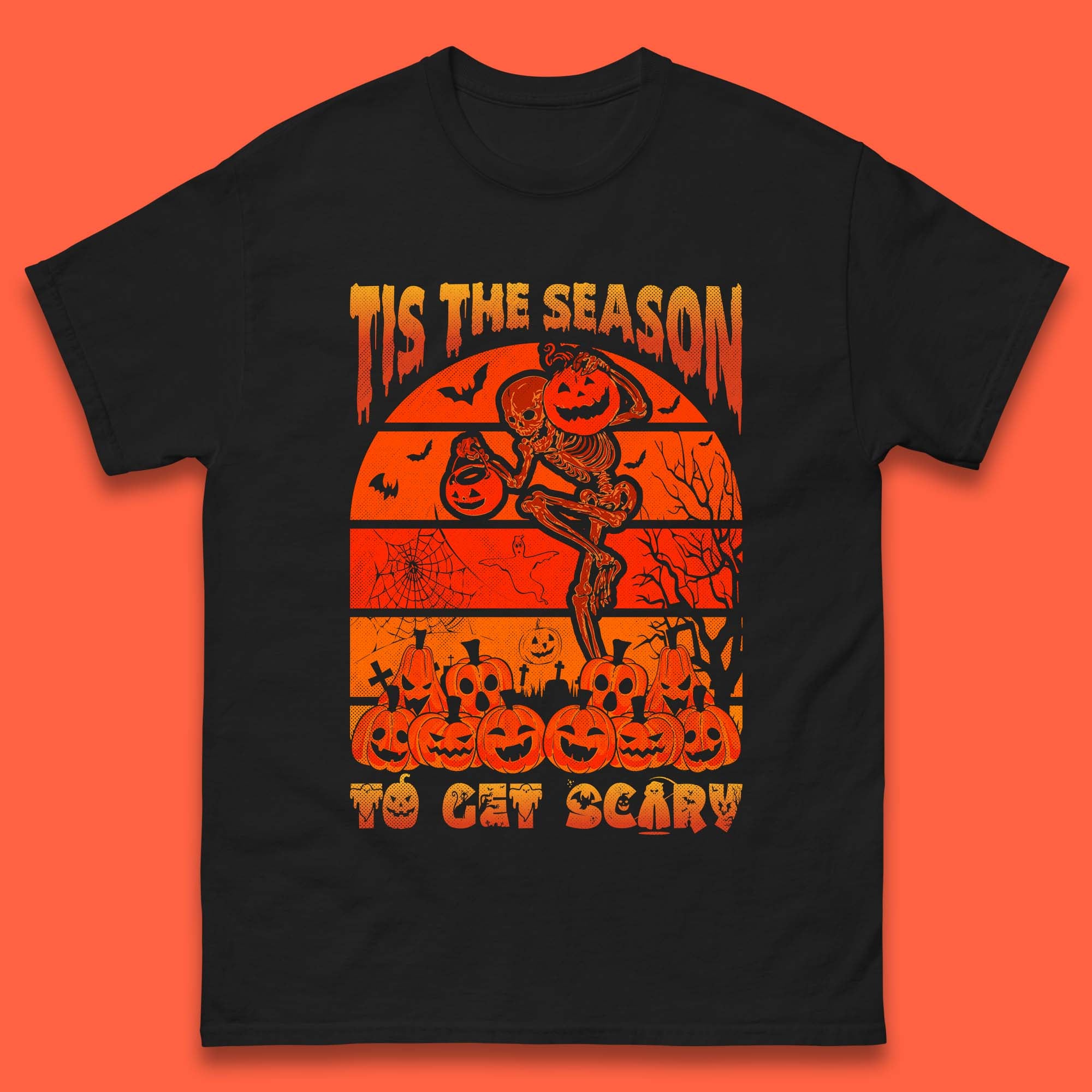Tis The Season To Get Scary Halloween Skeleton Holding Pumpkin Buckets Spooky Vibes Mens Tee Top 2XL