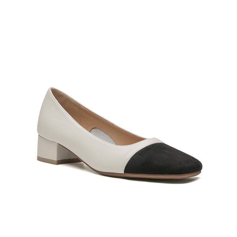 Fashion Leather Color Matching Thick Heel Single Shoes Womens 2025 Summer New Middle Heel Light Mouth Soft Sole Black High Hels Women