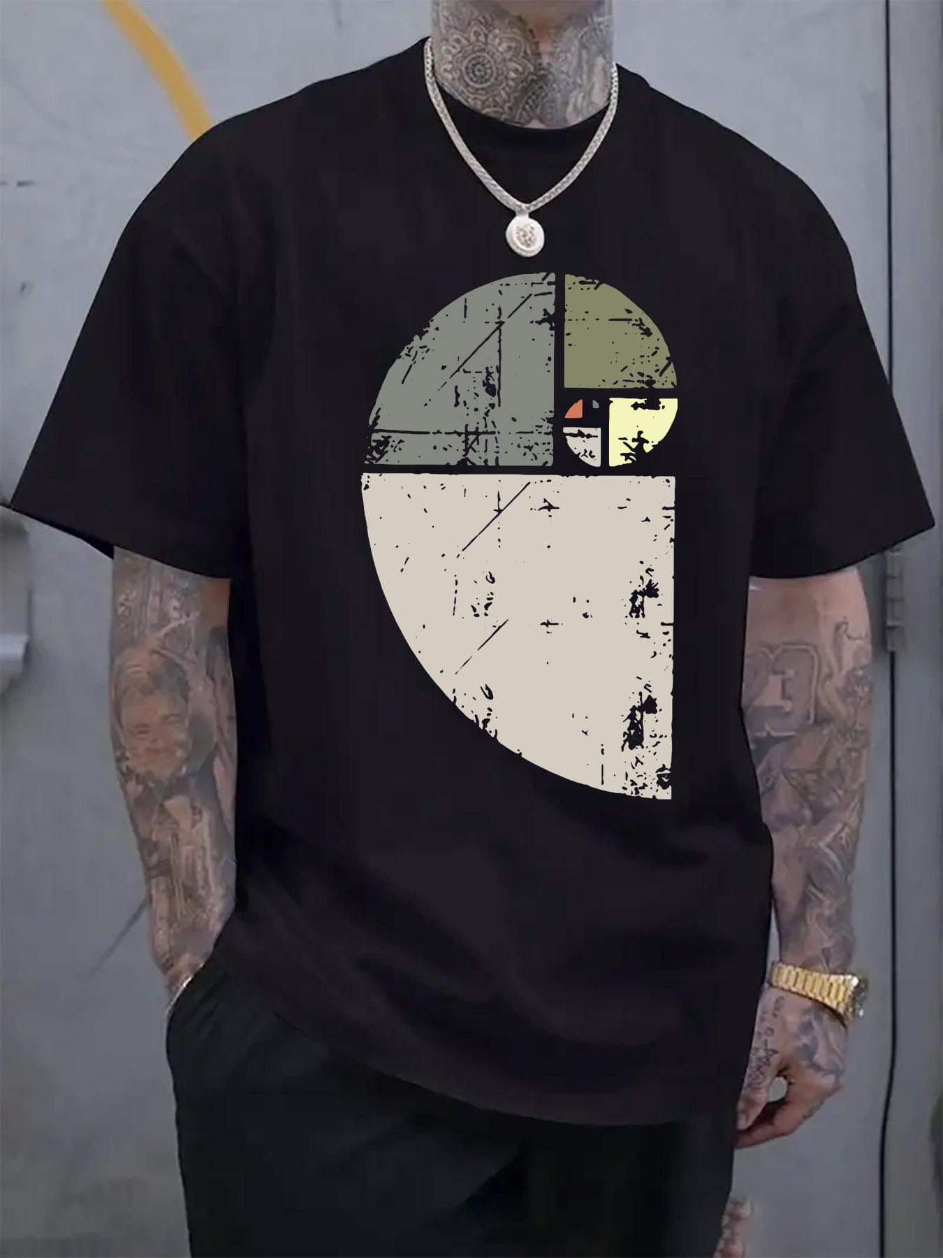 Abstract Geometric Print Short Sleeve T-shirt - Black with Beige & Red Accents XXXL