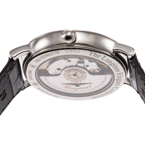 Longines Men's ELEGANT Automatic Watch, Water Resistant to 3 ATM, Sapphire Crystal, White Dial, Stainless Steel, L4.810.4.11.2, Black
