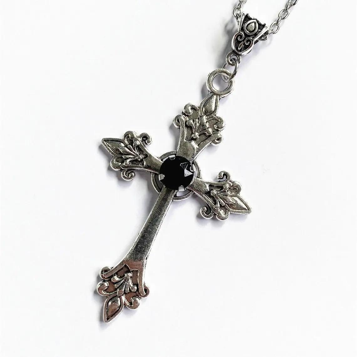 Cross pendant necklace Gothic style zircon inlaid pendant 55cm
