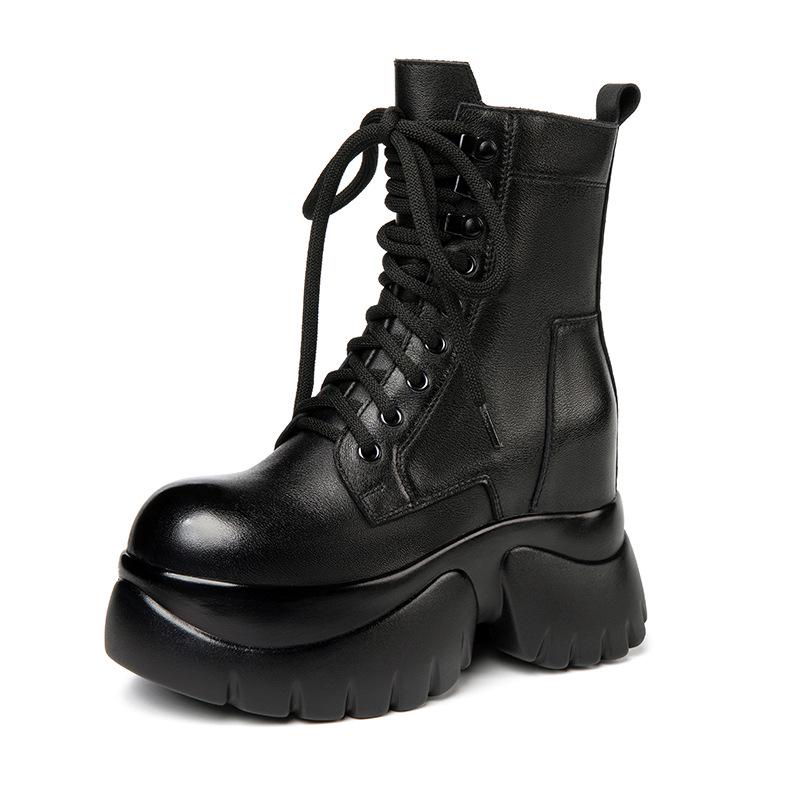 Women's Small Leather Martin Boots - Black British Style, High-Heel, Short, 2025 Autumn/Winter