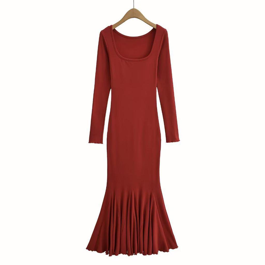 2025 quadratischer Halsausschnitt Fischschwanz-Kleid mit Fleece-Futter – Mehrfarbig, Langarm, Eleganter Stil für Pendeln und Verabredungen