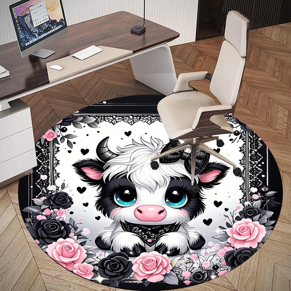 1PC Cow Roses Lace Round Chair mat Area Rug - Non-Slip, Floor Mat for Office, Bedroom, home decor Christmas Gift c0528036