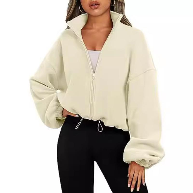 European and American Women's Fleece Sport Jacket with Vertical Collar Fleece-lined Zipper Jacket