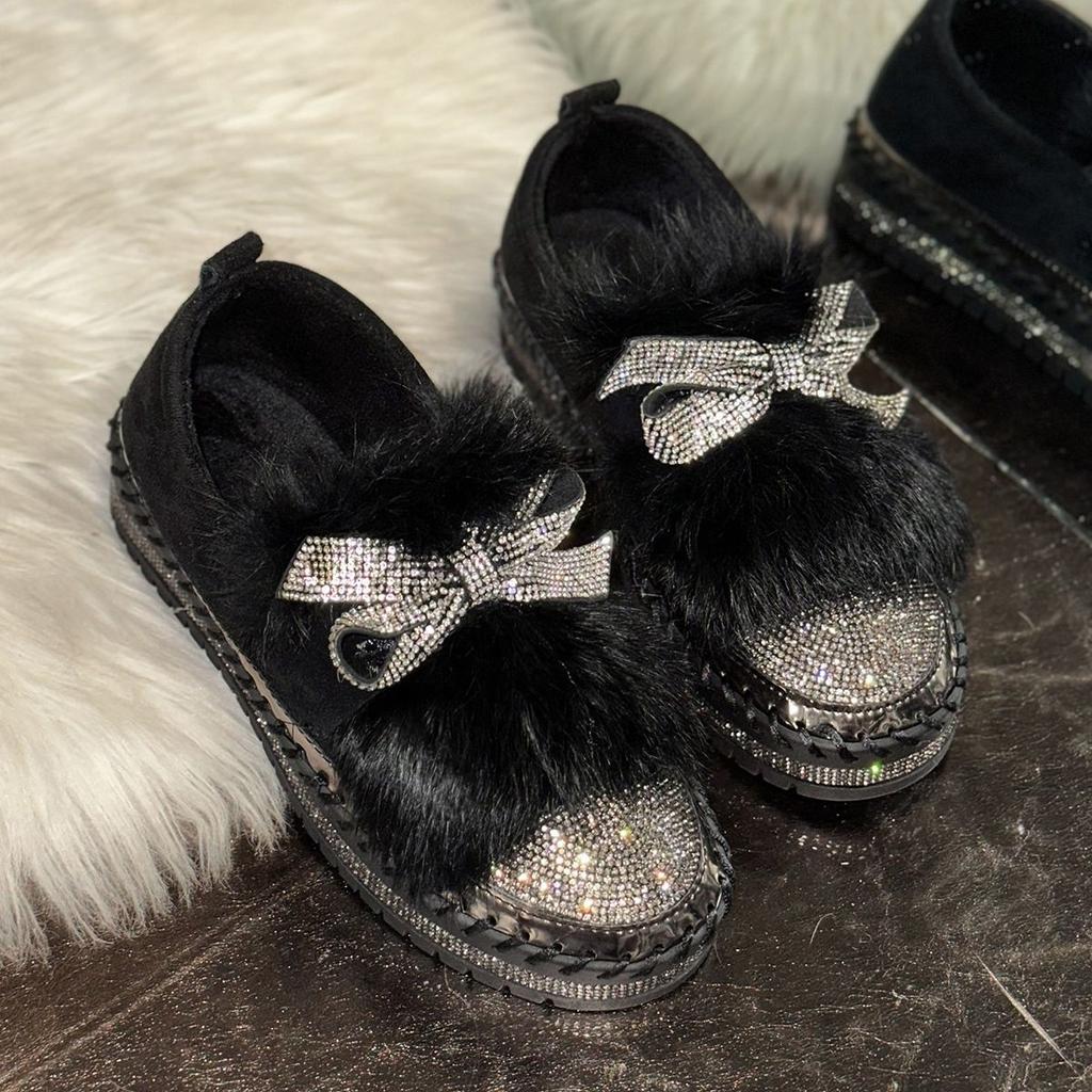 Aphixta Furry Crystal Bow Dec Women's Casual Shoes 3cm Flat Platform Loafers Short Plush Warm Autumn Winter Woman Flats Size 43