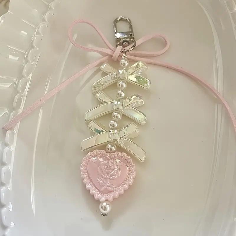 Sweet Heart Shape Pendant Keychain Bow Ribbon Beaded Key Chain For Women Phone Lanyard Backpack Decoration Accessories Gifts