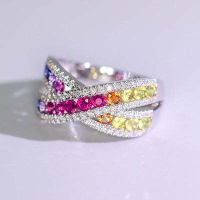 Huitan Colorful Cubic Zircon Cross Rings Romantic Finger Accessories for Women Luxury Wedding Band Accessories Exquisite