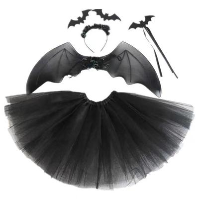 4Pcs Girls Halloween Cosplay Costume Dress Up Dress Black Mesh Skirt with Headband Bat Wing Wand