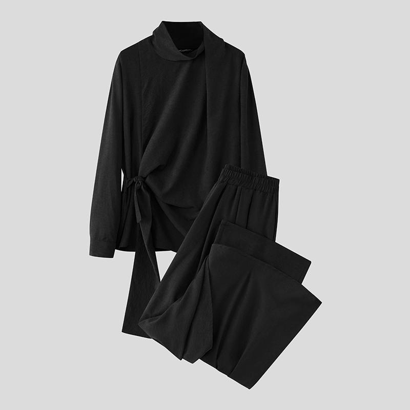INCERUN 2PCS Men High Neck Long Sleeve Twisted T-shirt Long Ruffled Layers Pants Culottes Sets Outfits