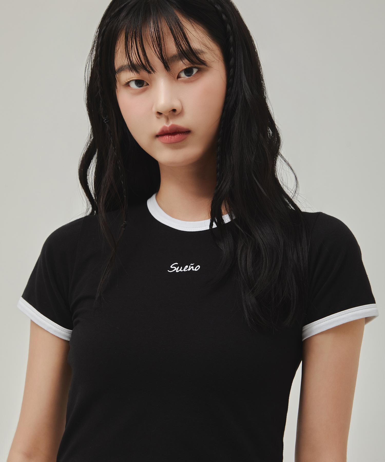 Sueno Studio Lettering Embroidery Color Block Crop T-Shirt (Black) M
