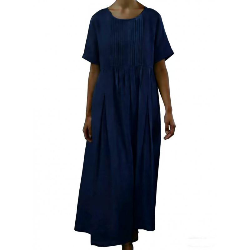 Cotton Linen Pleated Midi Dress With Loose Waist For Casual Wear