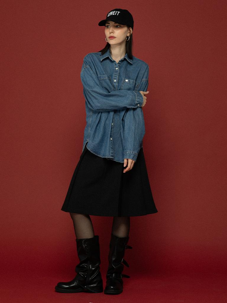 MORELIKEIT Denim Pocket Oversized Shirt Blue