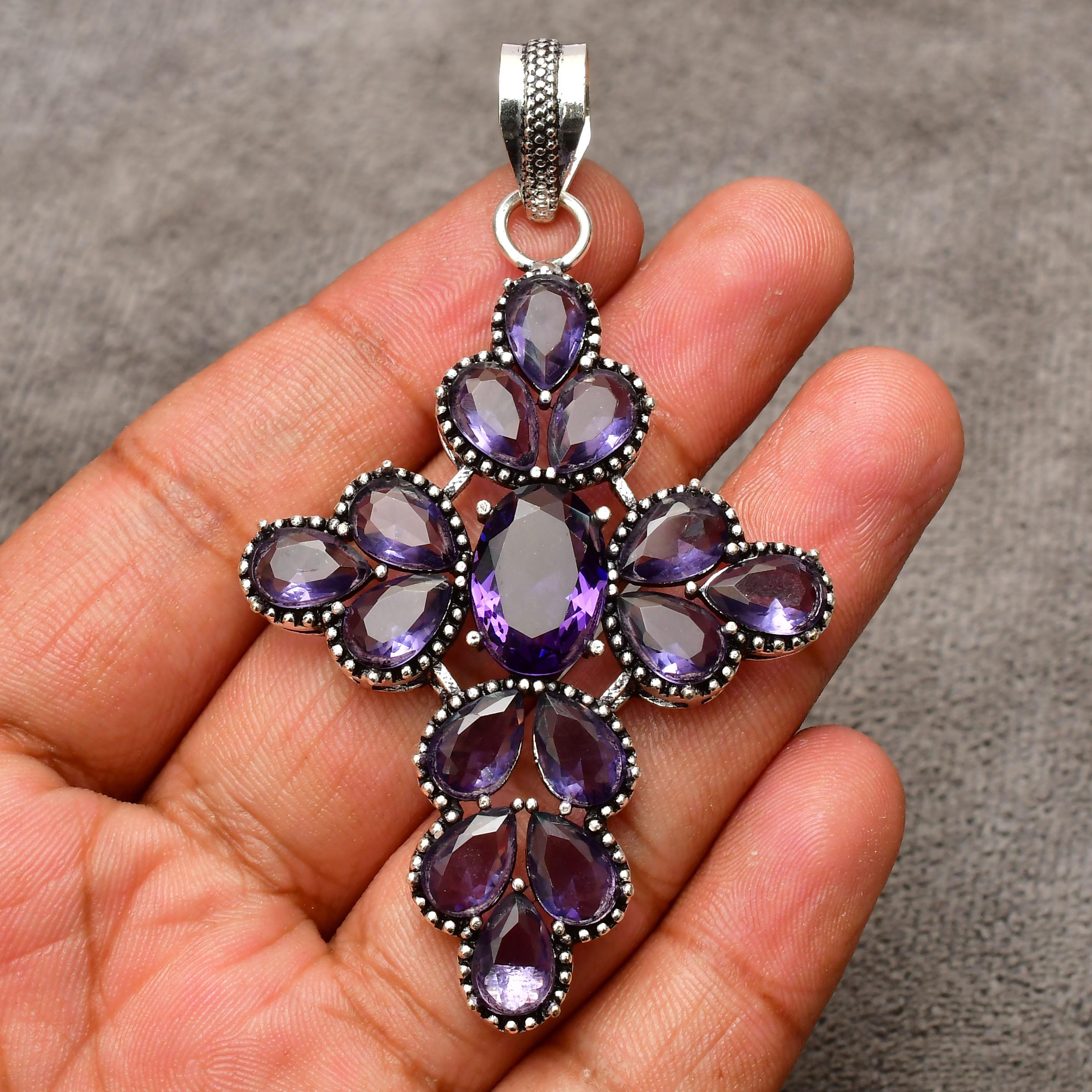 Awesome Amethyst Cross Shape Gemstone Pendant: 925 Sterling Silver Handmade Pendant Necklace Jewelry 2.75 Inch фиолетовый