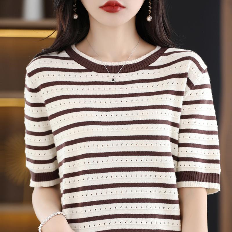 Round Neck Contrast Striped Knitted Short-sleeved Summer Style Loose Slim Hollow Half-sleeved Pullover T-shirt Top Hot Season Thin