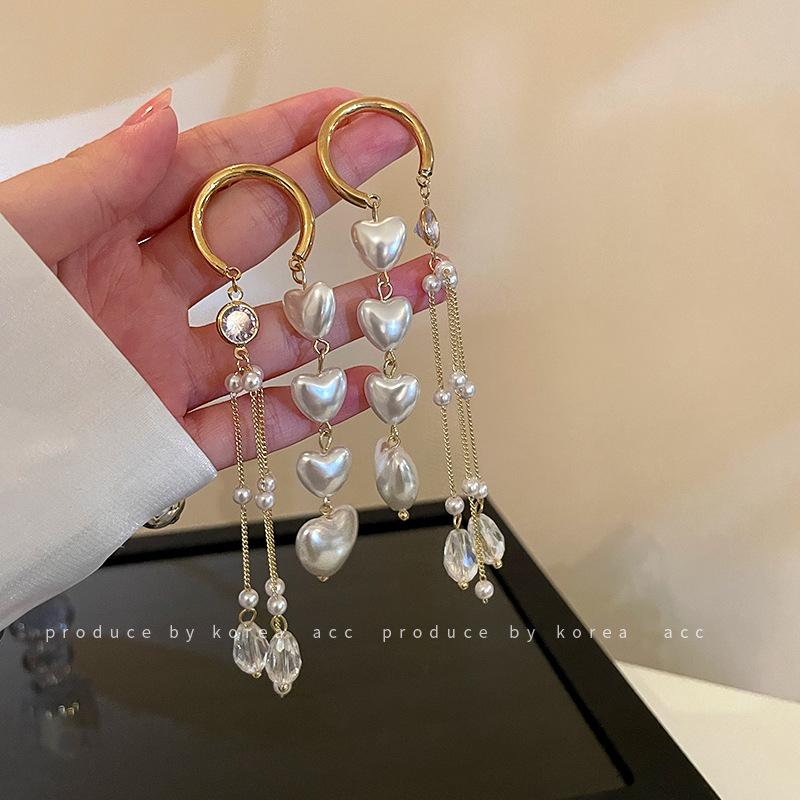 Artificial Crystal Love Pearl Fringed Earrings Korean Long Personalized Earrings Temperament Fashionable Versatile Earrings
