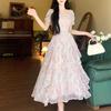 First Love Floral Chiffon Square Neck Elegant Summer Dress for Women, Plus Size, Waist-Cinched, Slimming, and Fairy Long.