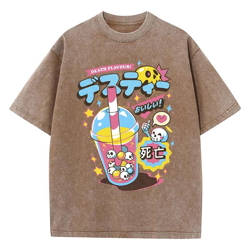 Fashion Woman Washed T-Shirts Funny Skull Drink Printing Short Sleeve Cotton Distressed Oversize Crewneck Tops Street Clothes