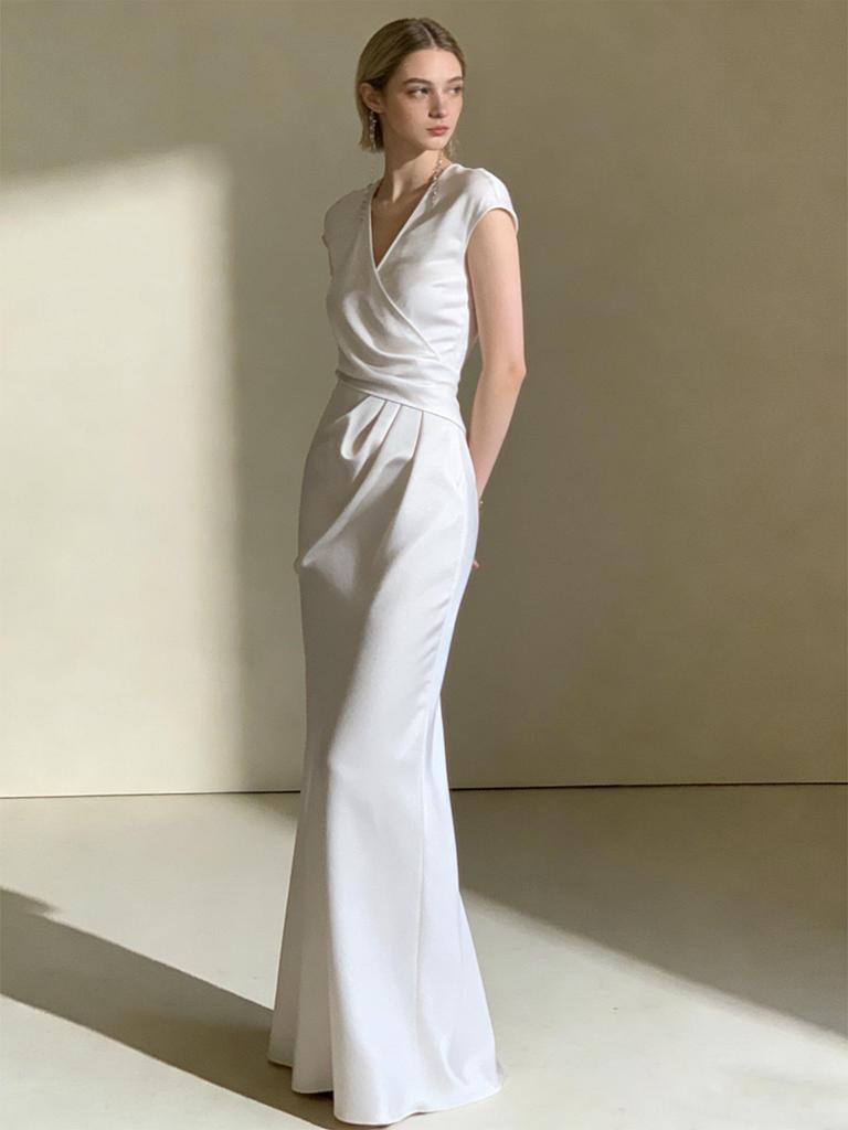 Haute Couture Satin V-Neck Cinched Waist Mermaid Dress