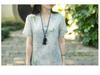 V-neck A-line Dress with Literary Bamboo Leaf Print and Frog Buttons