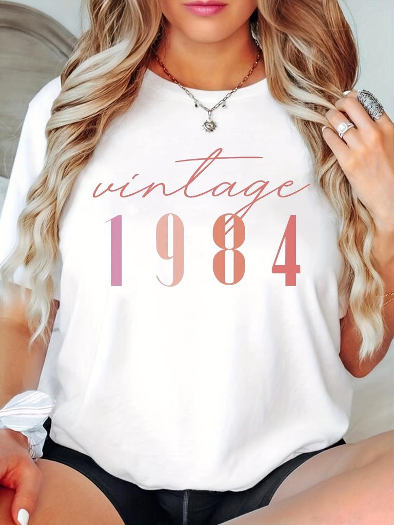 Women's Vintage 1984 40th Birthday Year Print T-Shirt Round Neck Short Sleeve Tee Tops with 1984 Print Birthday Outfit Female