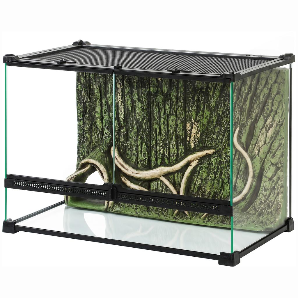 Reptile Glass Terrarium with Stone Background, Front Ventilation, Escape-Proof Knob Lock, 50 x 30 x 35 cm, Black