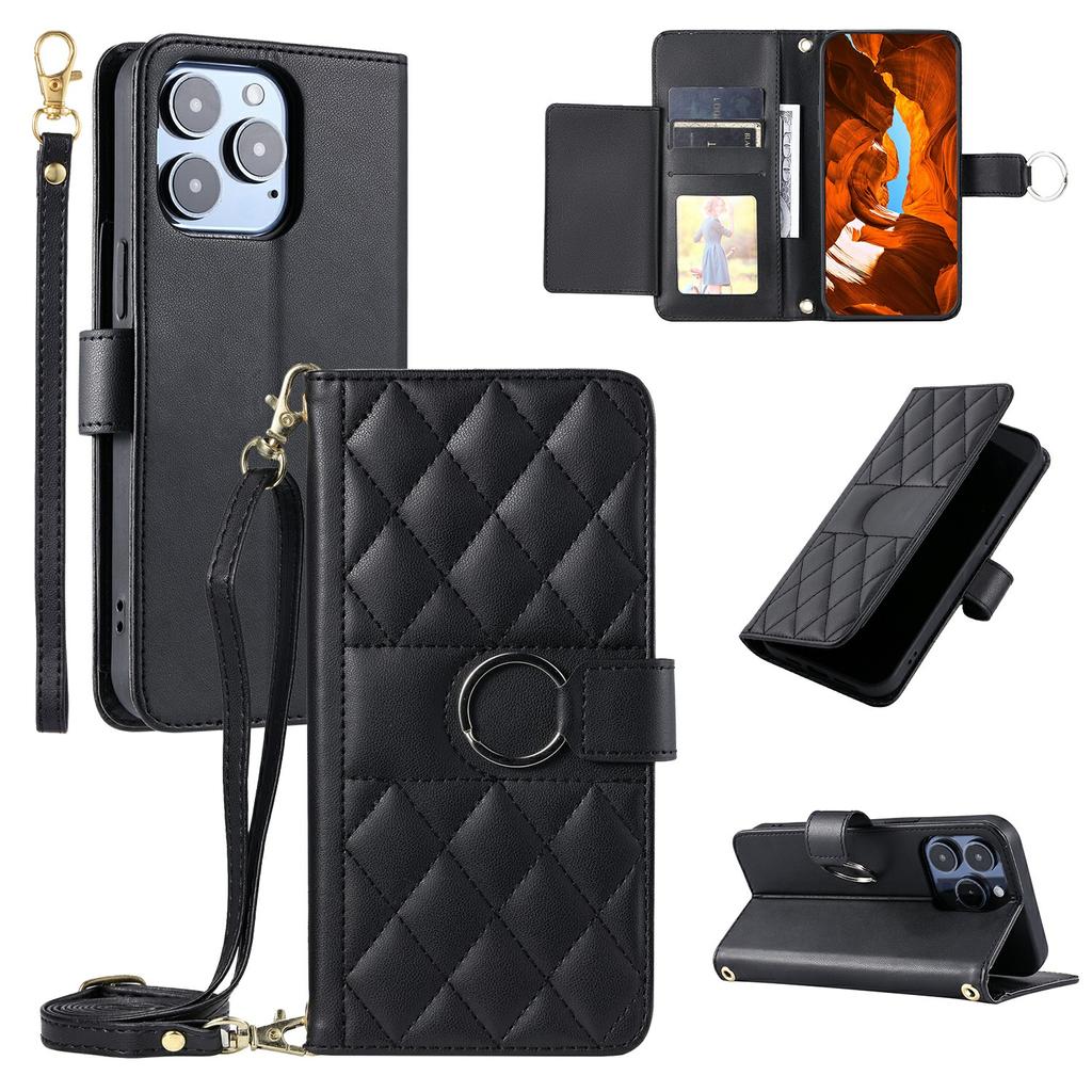 For iPhone 15 Pro Crossbody Leather Case Ring Buckle Wallet Stand Rhombus Mobile Cover