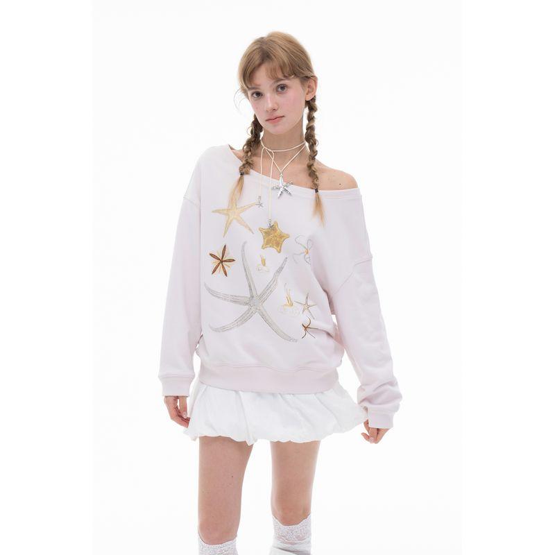 

Thelight Autumn and Winter New Original Design Loose Print Hot Drilling Wide Collar off-Shoulder Hoodie Women Sloping Shoulder Flower Gray Pink M