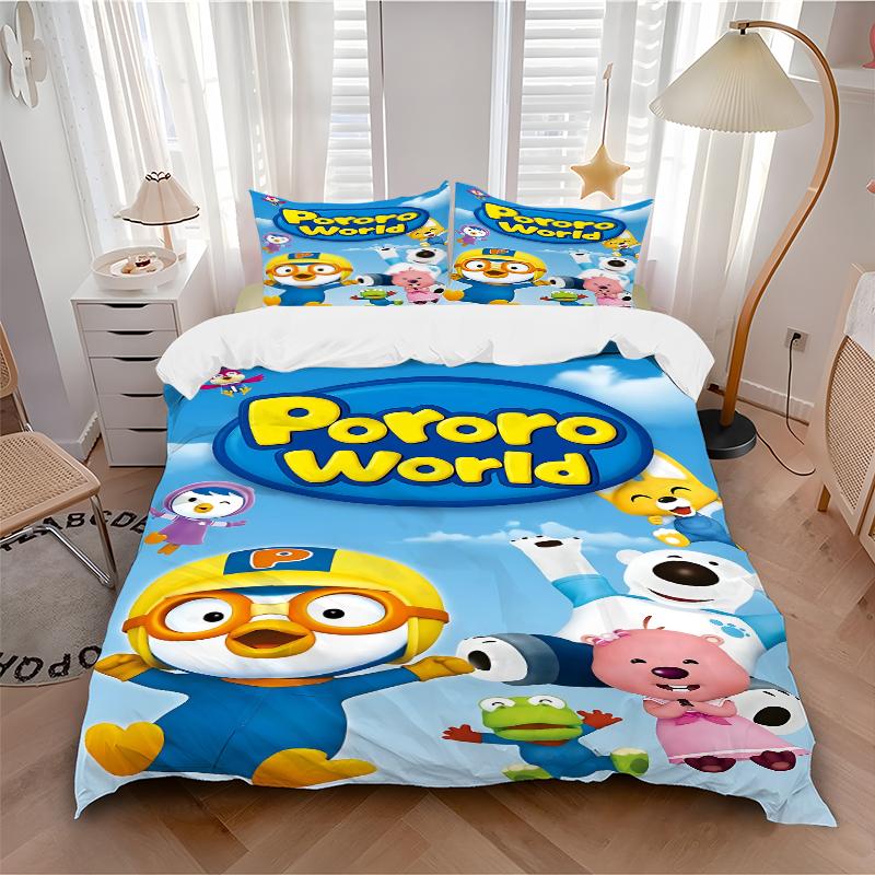 3Pcs Pororo'S Colorful Friends Bedding Set Soft Fabric Duvet Cover Pillowcases Home Christmas Xmas Halloween Gift 1 Duvet Cover 2 Pillowcase N1206