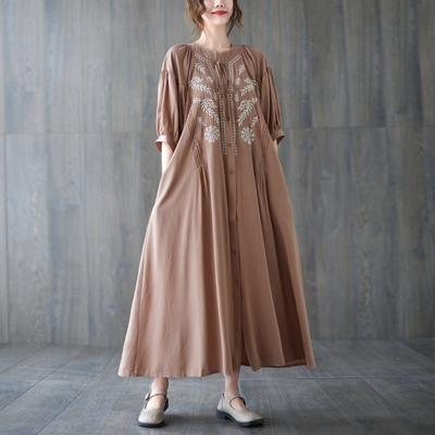 Summer Casual Dresses Women O-neck Short Sleeve Loose Simple Embroider Pockets Women Dresses