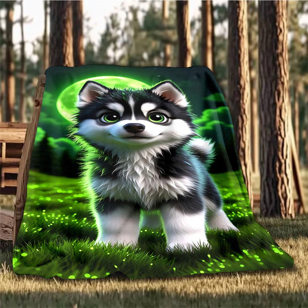 1pc Husky Puppy Throw Blanket Polyester Fiber, Lightweight Flannel, Soft & Warm, All Season Use for Outdoor, Camping Digital Print