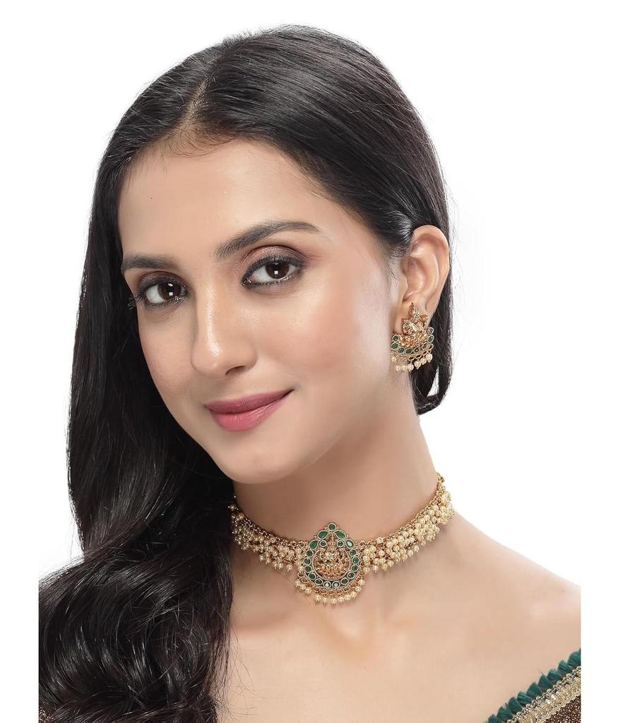 Sparkling Indian Temple Gold Plated Green Beads Choker Necklace Set With Studs Earring | Jewellery Set For Women