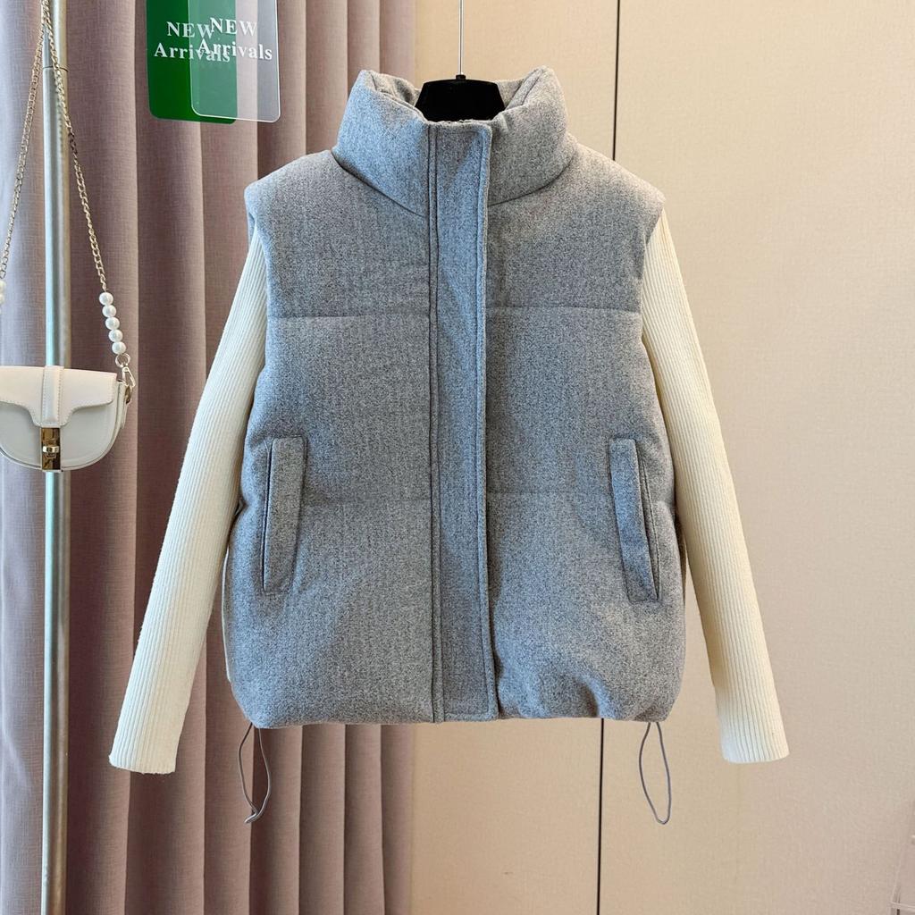 Grey Woolen Down-Filled Vest for Women Autumn Winter Slim Fit Thickened Fashionable Outer Wear Base Layer