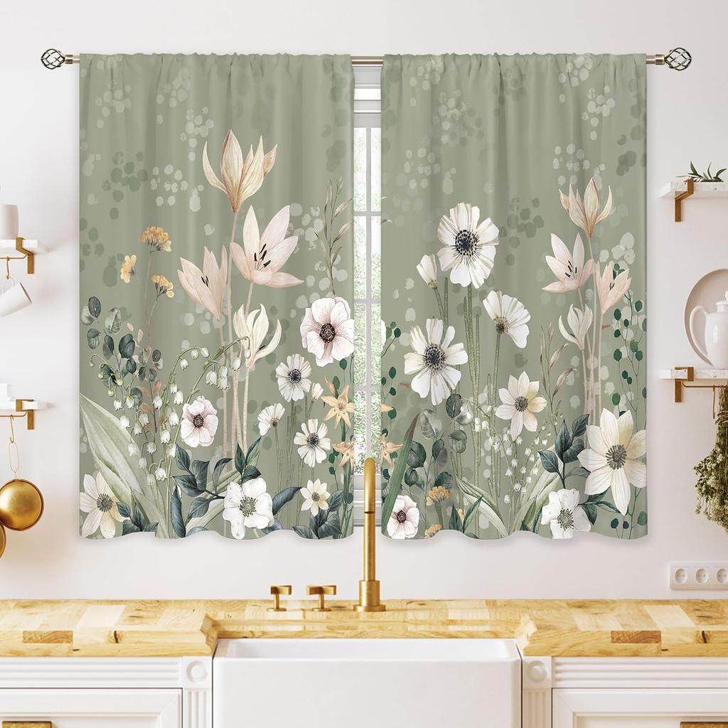 Green Boho Flower Small Kitchen Curtains Flower Plant Window Treatment Botanical Herb Chic Rod Pocket Cafe Short Window Curtains for Bathroom Dining