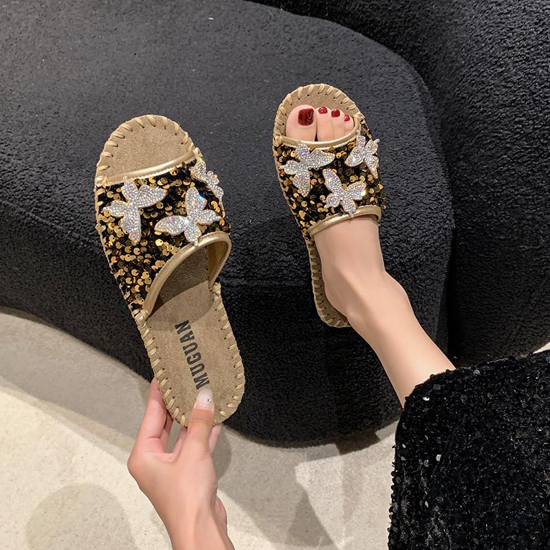 Fashion Aphixta Bling Butterfly Slippers Woman Shoes For Summer Outdoor Luxury Slides Gold Sequine Upper Sewing Slides chanclas de mujer