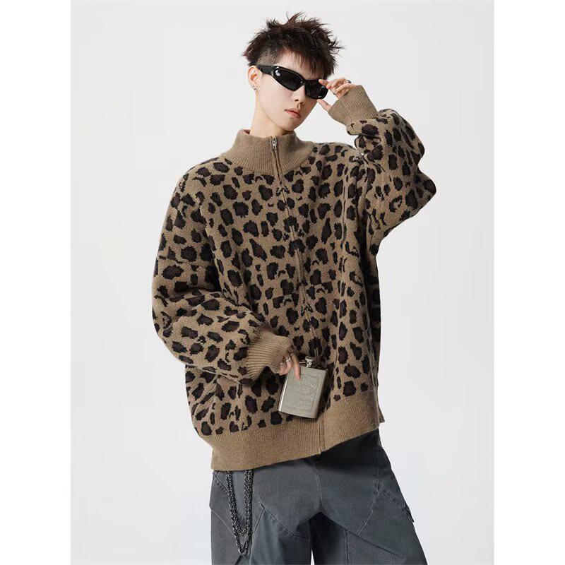 American Trendy Men's Leopard Print Retro Knit Cardigan - Loose Fit Casual Couple Outerwear