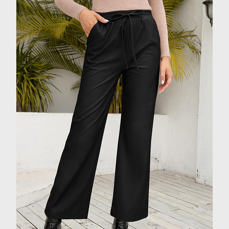 Women High Waist Loose Trousers Motorcycle Straight Wide Leg Leather Pants