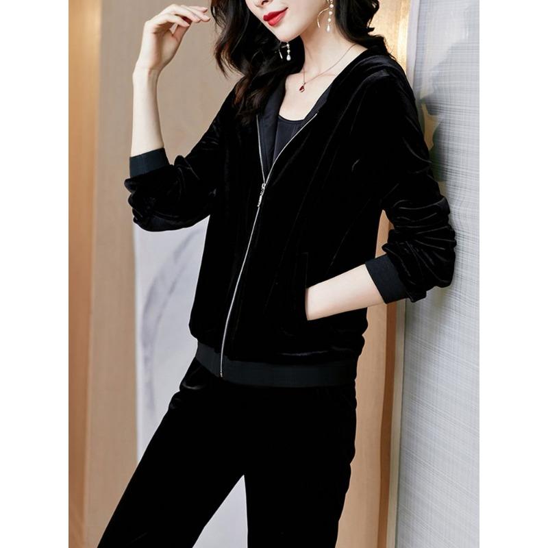 

Gold Velvet Top Spring Autumn New Style Loose Casual Hooded Temperament Long-sleeved Jacket Women s Baseball Uniform S чёрный