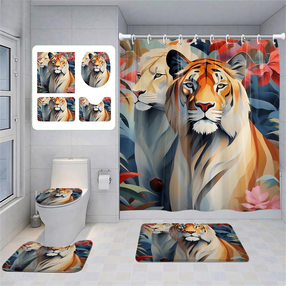 Animal Theme Printed Shower Curtain Suit Polyester Moisture-Proof Bathroom Curtain Bathroom Accessories Non-Slip Floor Mat