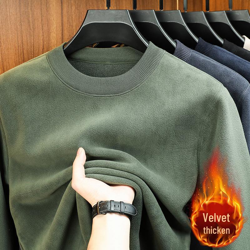 Men's Winter Fleece Thicken Hoodie - Round Neck, Plus Velvet, Long Sleeve Base Layer Sweater