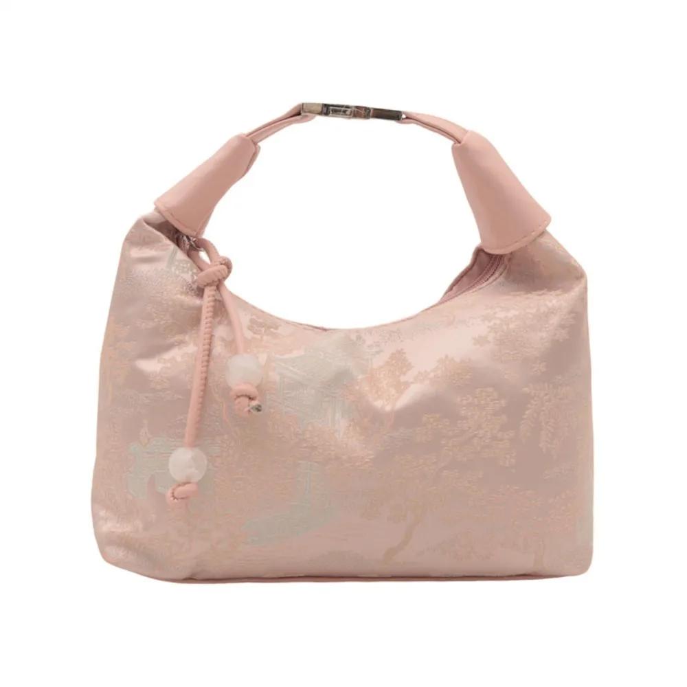 

Милая элегантная вышитая наплечная сумка, нейлоновая текстура, жемчужная подвеска, сумка через плечо, маленькая сумка-ведро, женский модный аксессуар