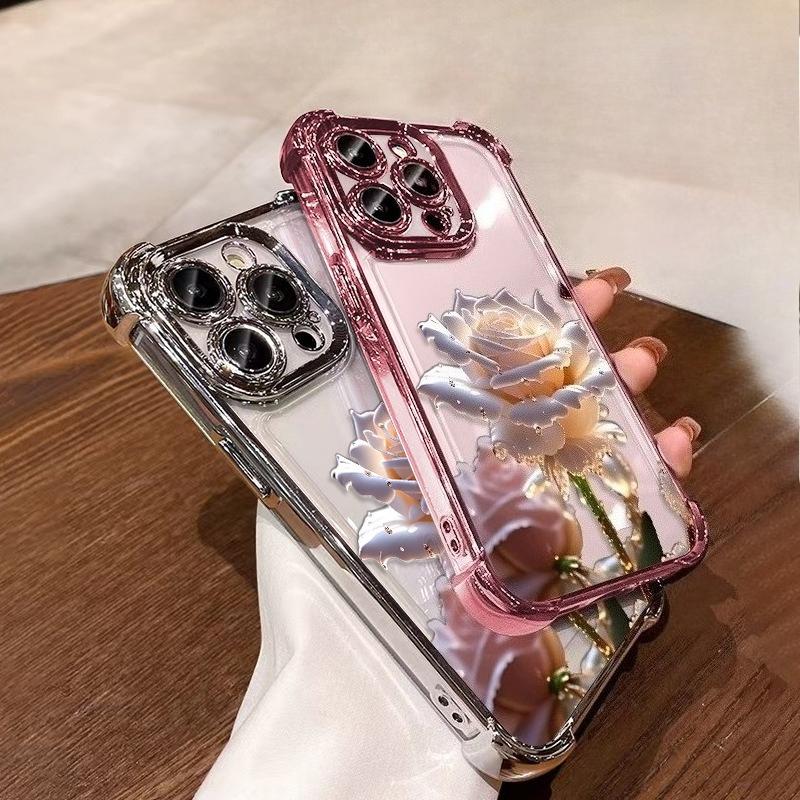 Crystal Rose Electrode Plating Anti-fall Case Suitable for iPhone 16 15 14 13 12 11 Pro/ Max/Plus Shockproof Back Cover