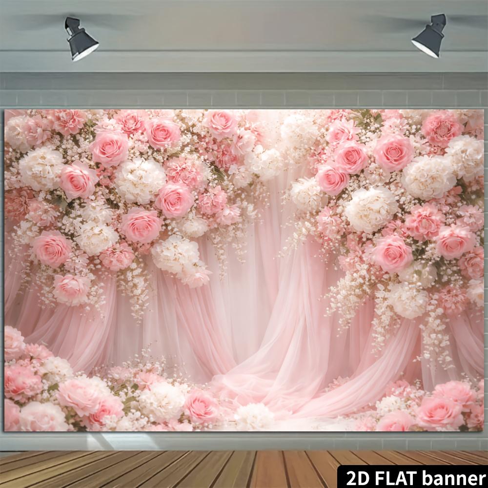 2D Plane Romantic Pink Rose Flower Background Fabric with a Combination of Light Pink and White Rose Globes