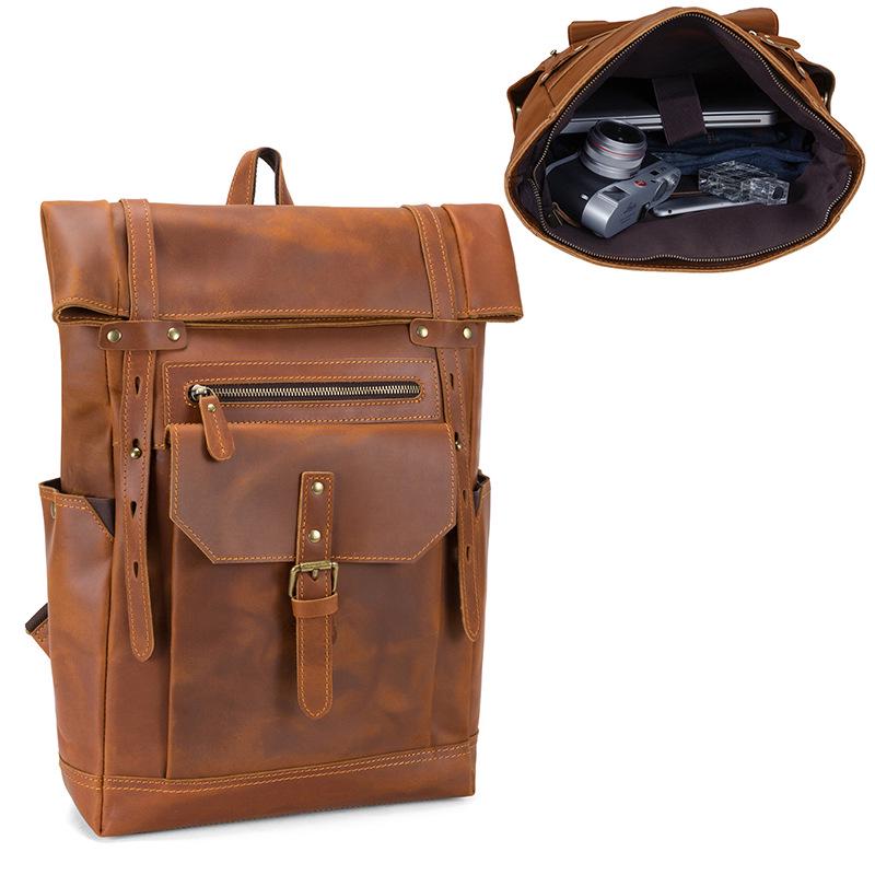 Men's Large Capacity Genuine Crazy Horse Leather Backpack for 15.6" Laptops – Trendy European & American Casual Travel Bag