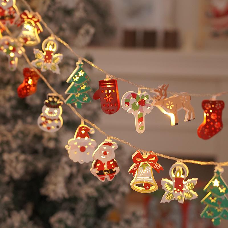 Warm White Christmas String Lights and Ornaments - Snowman, Tree, Old Man Reindeer Decorations.